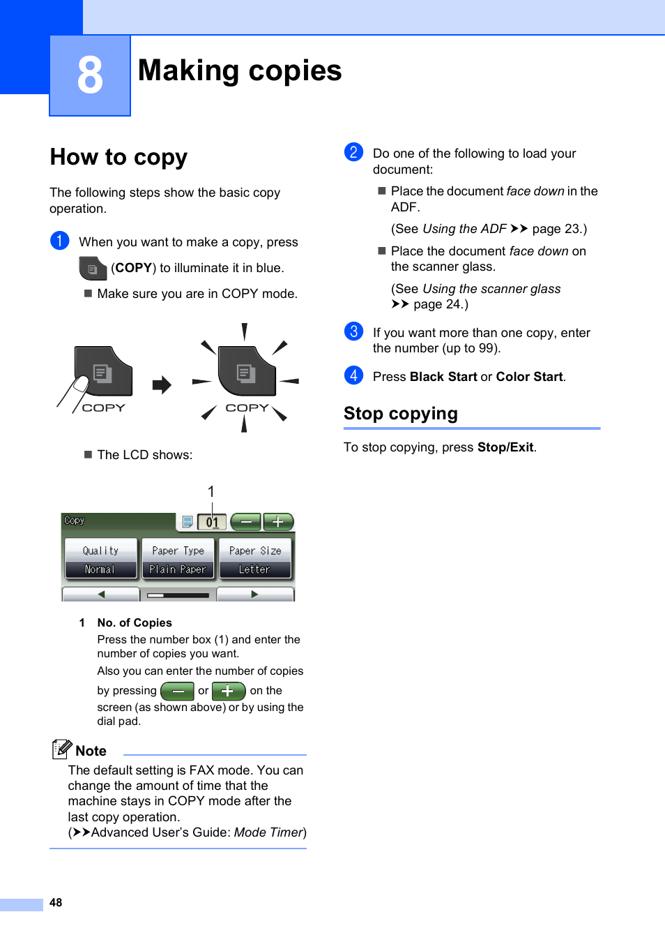 8 making copies, How to copy, Stop copying | Making copies | Brother MFC-J835DW User Manual | Page 62 / 154