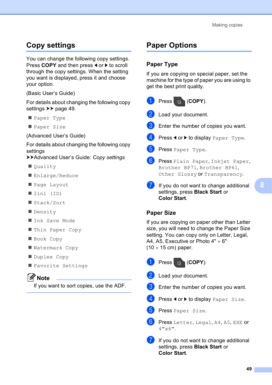 Copy settings, Paper options, Paper type | Paper size, Copy settings paper options, 8copy settings | Brother MFC-J835DW User Manual | Page 63 / 154