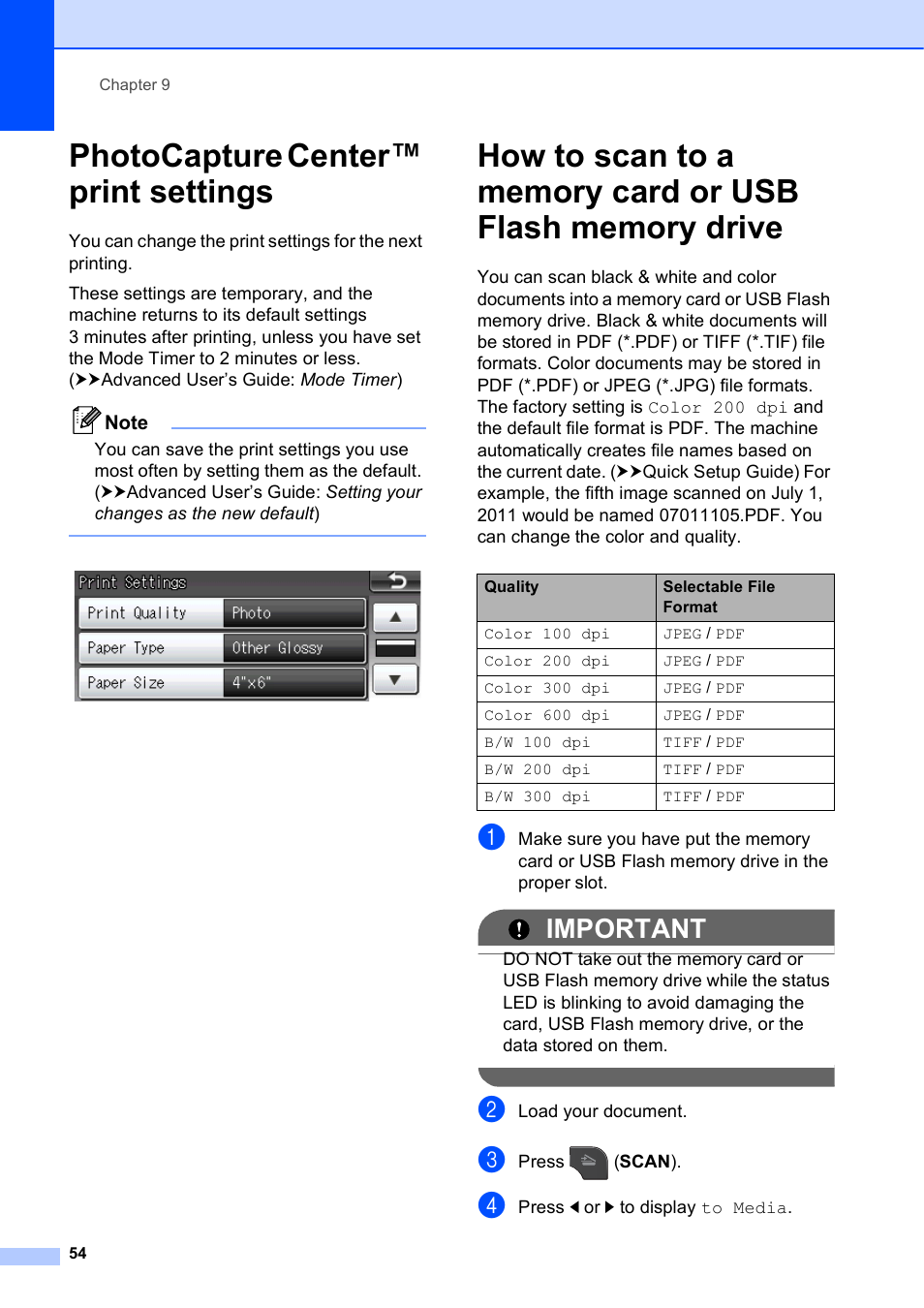 Photocapture center™ print settings, Important | Brother MFC-J835DW User Manual | Page 68 / 154