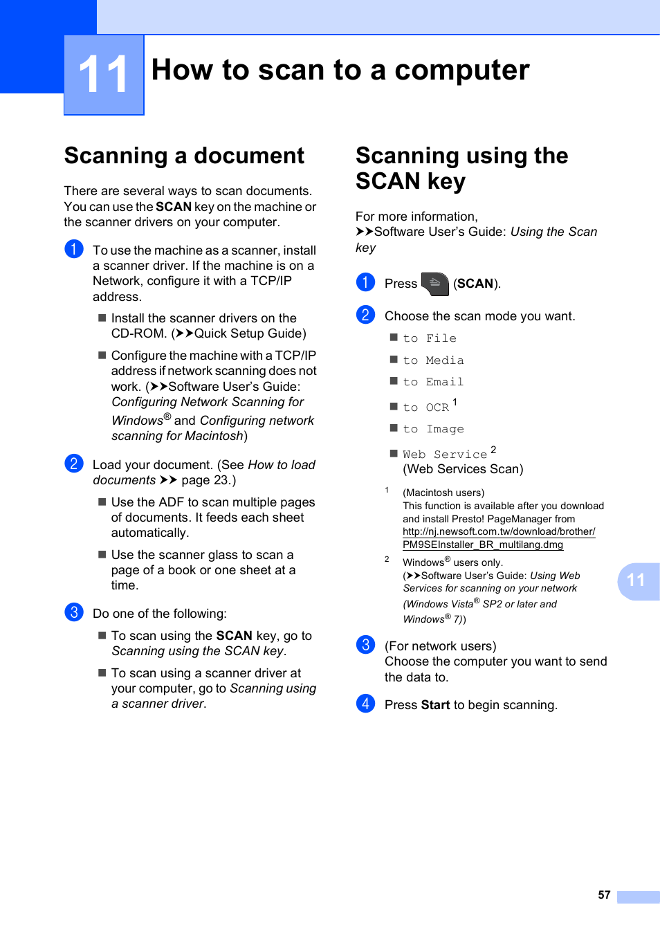 11 how to scan to a computer, Scanning a document, Scanning using the scan key | How to scan to a computer, Scanning a document scanning using the scan key | Brother MFC-J835DW User Manual | Page 71 / 154