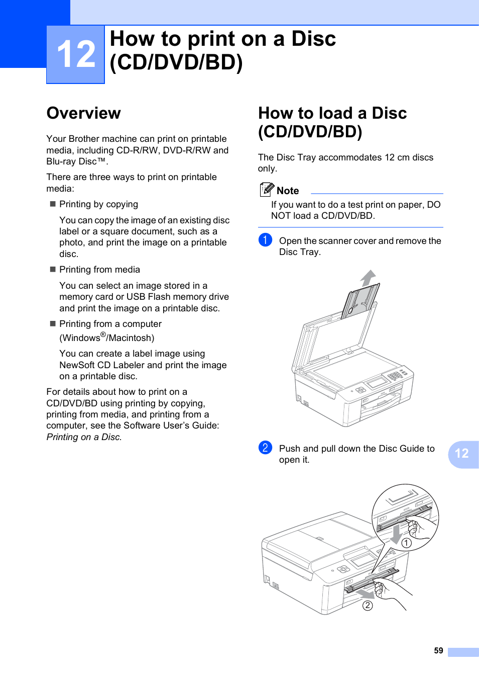 12 how to print on a disc (cd/dvd/bd), Overview, How to load a disc (cd/dvd/bd) | How to print on a disc (cd/dvd/bd), Overview how to load a disc (cd/dvd/bd) | Brother MFC-J835DW User Manual | Page 73 / 154