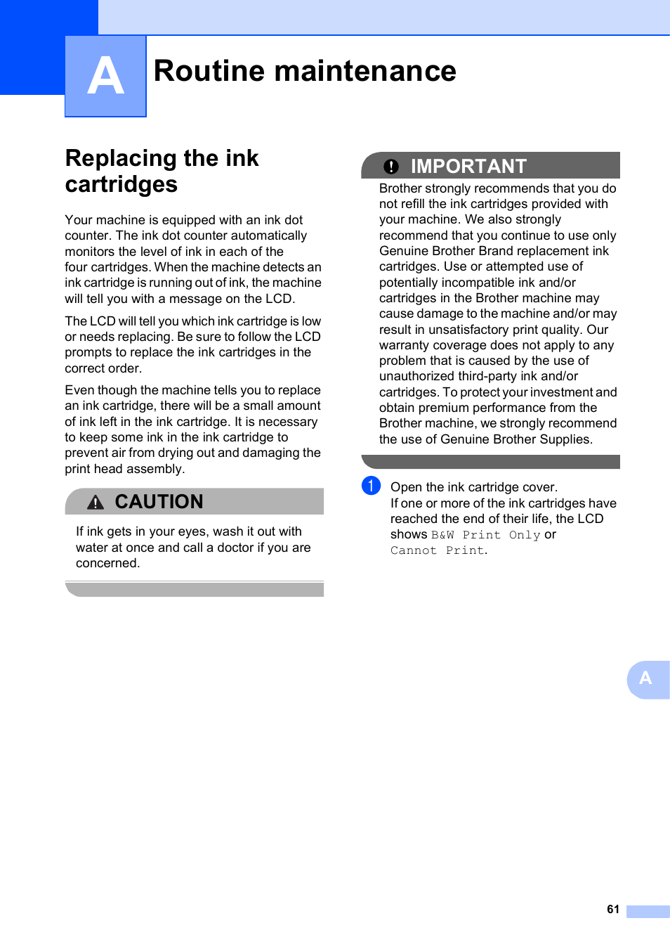 A routine maintenance, Replacing the ink cartridges, Routine maintenance | Caution, Important | Brother MFC-J835DW User Manual | Page 75 / 154