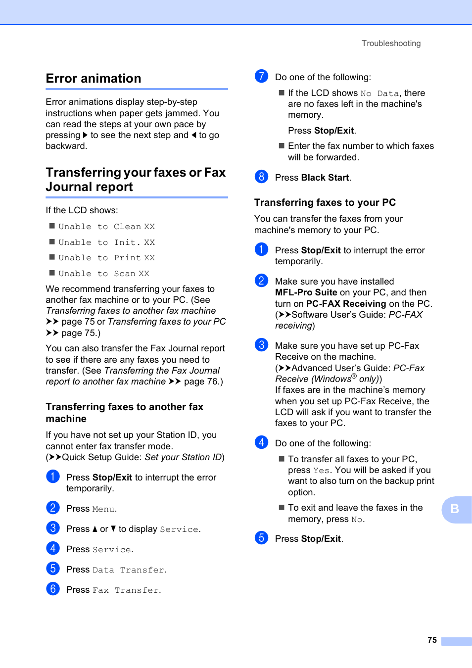 Error animation, Transferring your faxes or fax journal report, Transferring faxes to another fax machine | Transferring faxes to your pc, Berror animation | Brother MFC-J835DW User Manual | Page 89 / 154