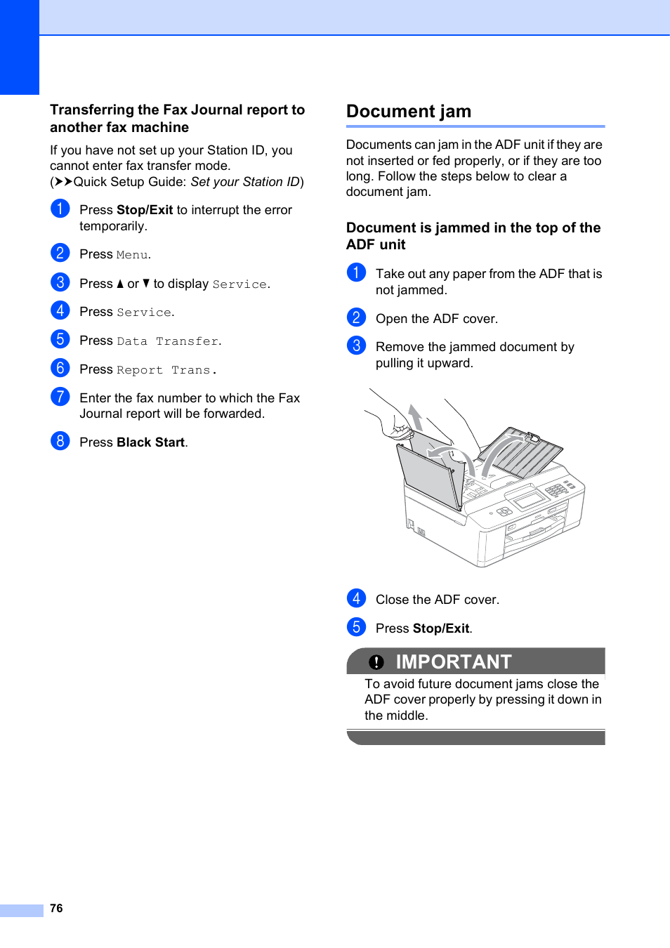 Document jam, Document is jammed in the top of the adf unit, Important | Brother MFC-J835DW User Manual | Page 90 / 154