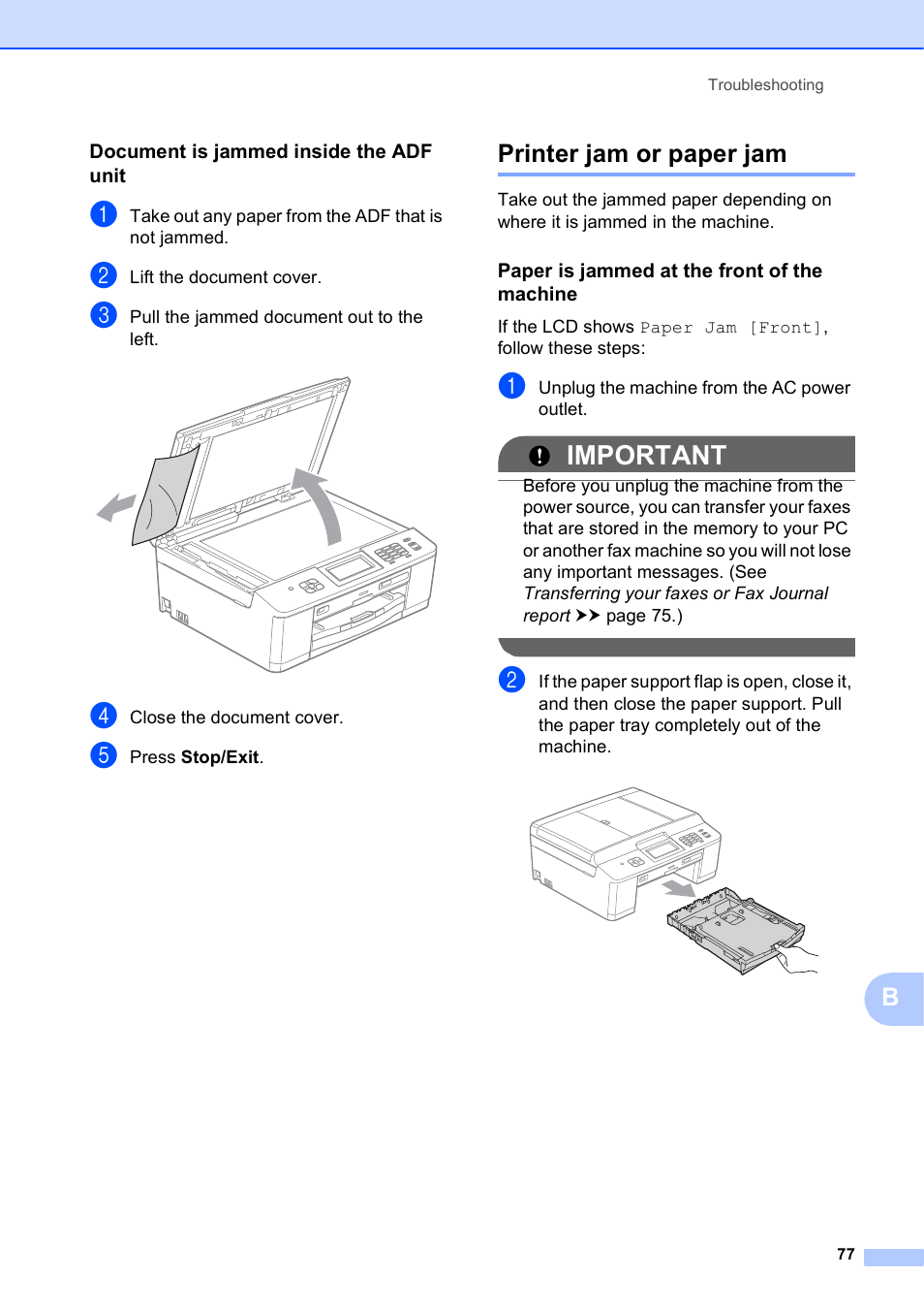 Document is jammed inside the adf unit, Printer jam or paper jam, Paper is jammed at the front of the machine | Paper is jammed at the front of the machine uu, Important | Brother MFC-J835DW User Manual | Page 91 / 154