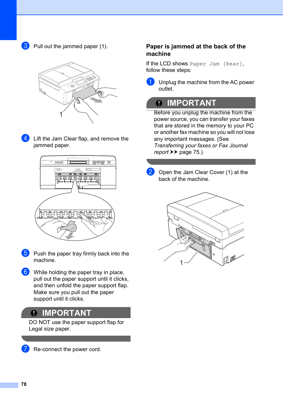 Paper is jammed at the back of the machine, Paper is jammed at the back of the machine uu, Important | Brother MFC-J835DW User Manual | Page 92 / 154