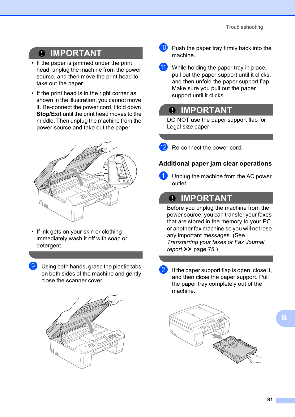 Additional paper jam clear operations, Important | Brother MFC-J835DW User Manual | Page 95 / 154