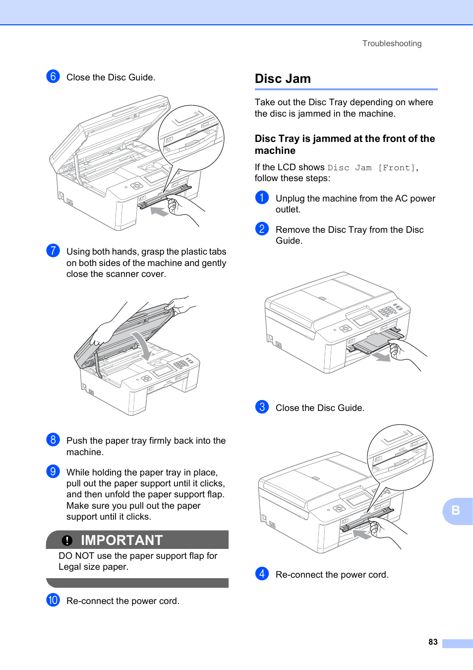 Disc jam, Disc tray is jammed at the front of the machine, Important | Brother MFC-J835DW User Manual | Page 97 / 154