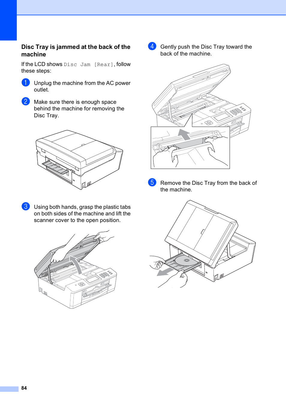 Disc tray is jammed at the back of the machine | Brother MFC-J835DW User Manual | Page 98 / 154