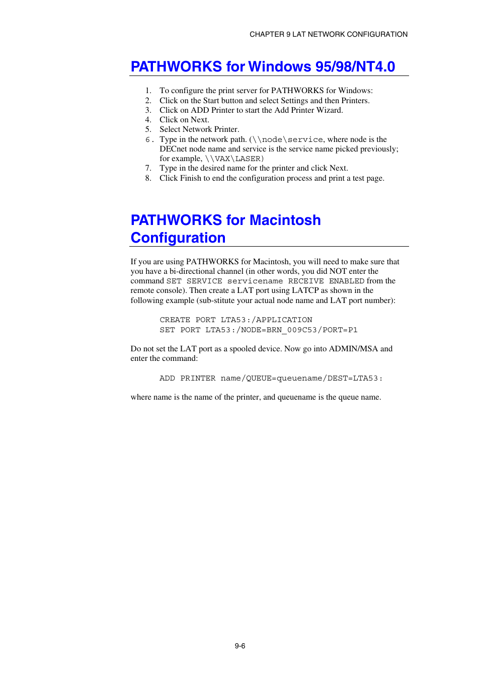 Pathworks for windows 95/98/nt4.0, Pathworks for macintosh configuration | Brother HL-1870N User Manual | Page 100 / 149