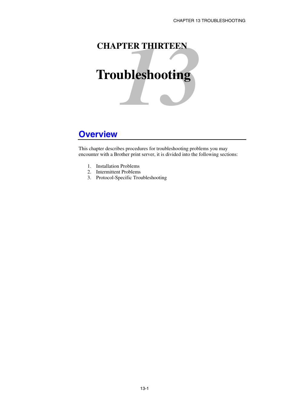Chapter thirteen troubleshooting, Overview, Troubleshooting | Portion, Of t | Brother HL-1870N User Manual | Page 123 / 149