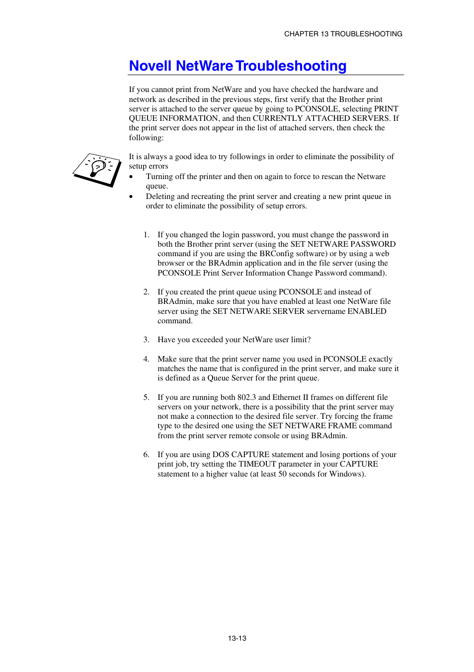 Novell netware troubleshooting | Brother HL-1870N User Manual | Page 135 / 149