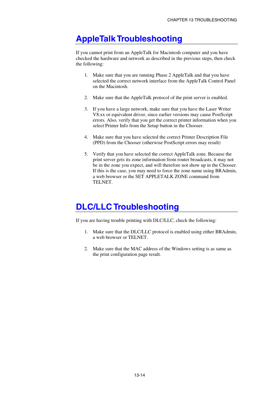 Appletalk troubleshooting, Dlc/llc troubleshooting | Brother HL-1870N User Manual | Page 136 / 149