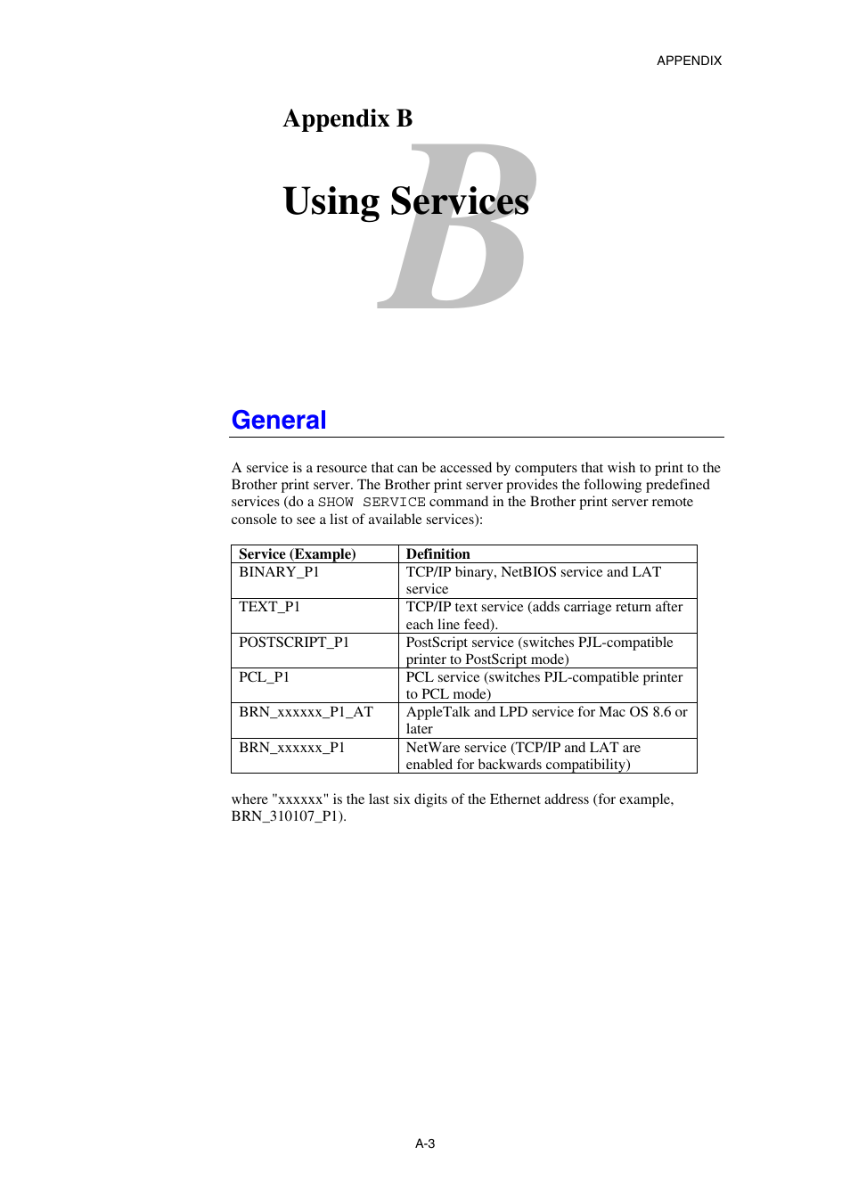 Appendix b, Using services, General | Appendix b using services, For ad | Brother HL-1870N User Manual | Page 142 / 149