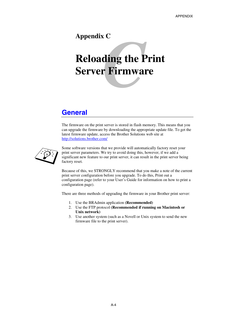 Appendix c, Reloading the print server firmware, General | Appendix c reloading the print server firmware | Brother HL-1870N User Manual | Page 143 / 149