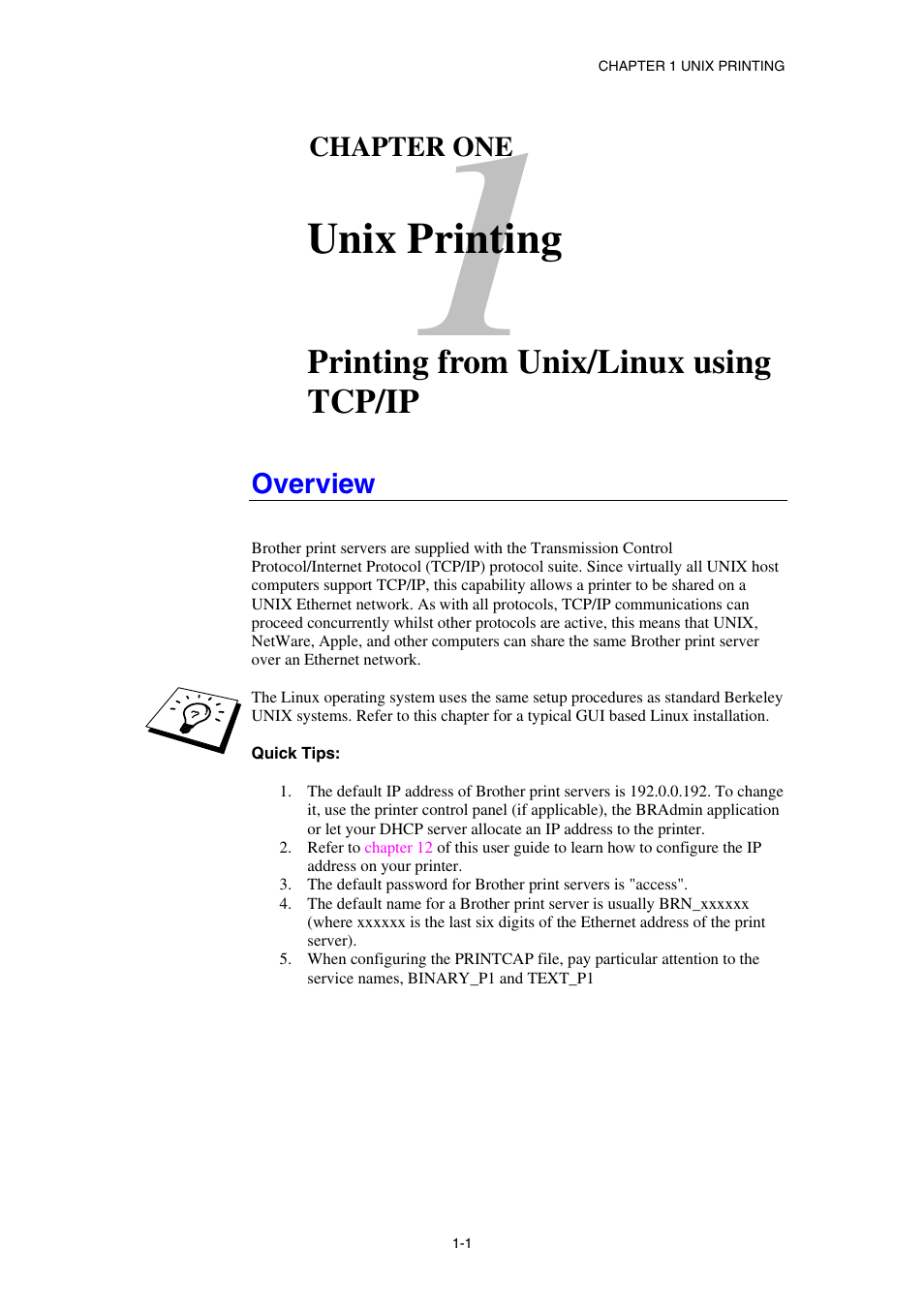 Overview, Unix printing, Printing from unix/linux using tcp/ip | Brother HL-1870N User Manual | Page 17 / 149