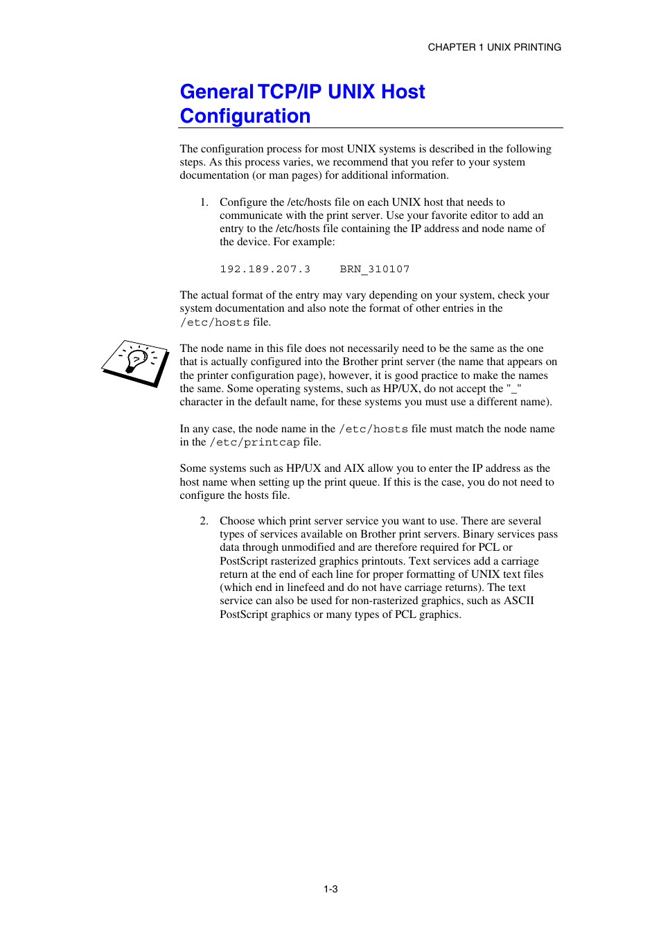 General tcp/ip unix host configuration | Brother HL-1870N User Manual | Page 19 / 149