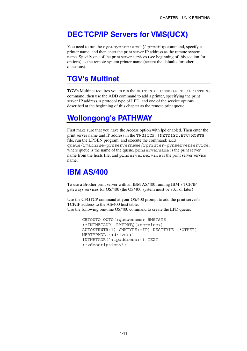 Dec tcp/ip servers for vms(ucx), Tgv's multinet, Wollongong's pathway | Ibm as/400, Ibm as/400 1-11 | Brother HL-1870N User Manual | Page 27 / 149