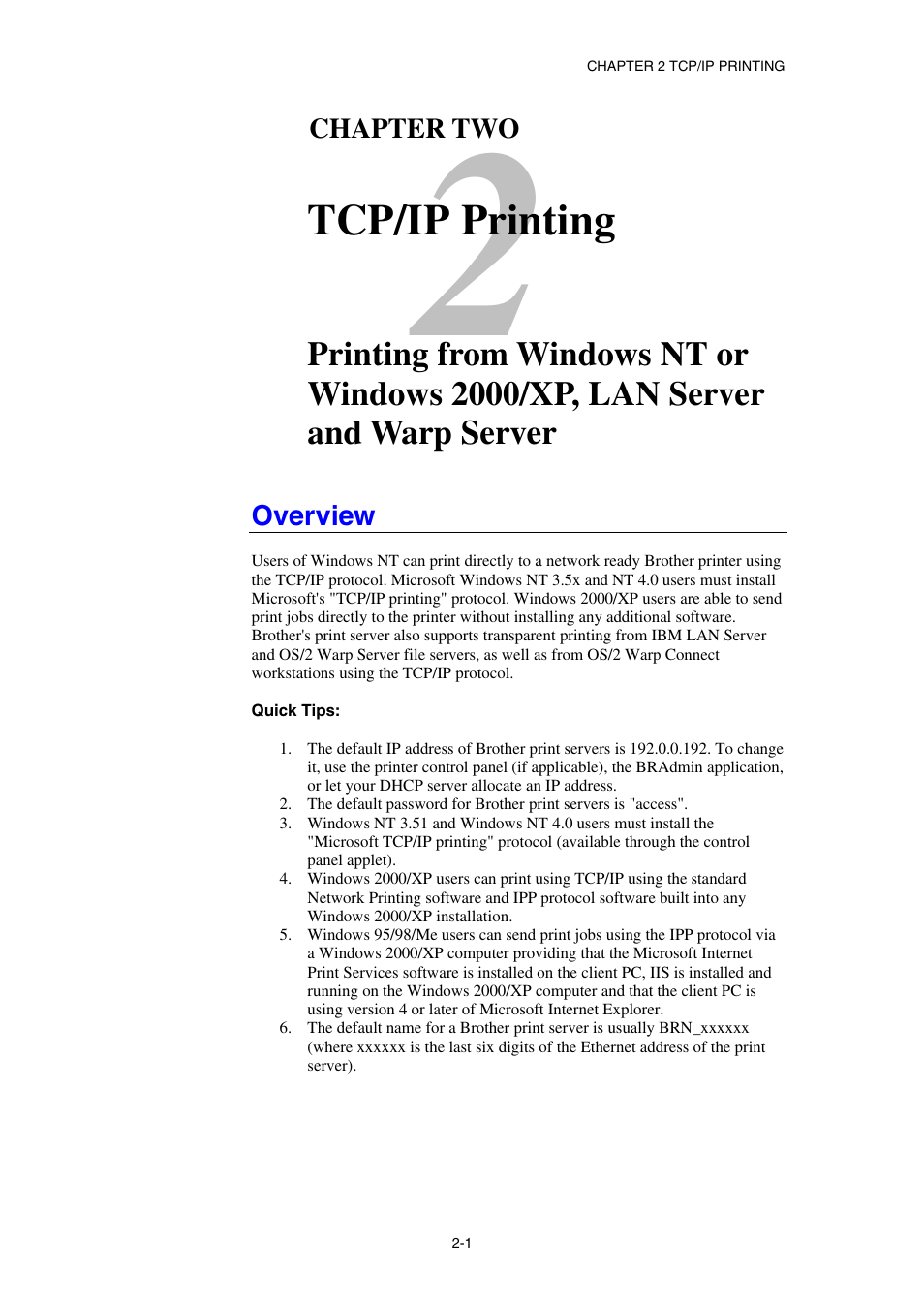 Overview, Tcp/ip printing | Brother HL-1870N User Manual | Page 30 / 149