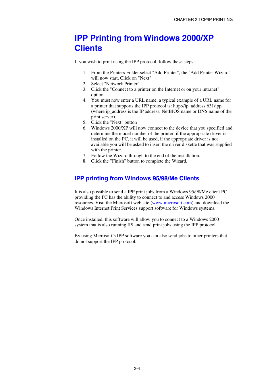 Ipp printing from windows 2000/xp clients, Ipp printing from windows 95/98/me clients | Brother HL-1870N User Manual | Page 33 / 149