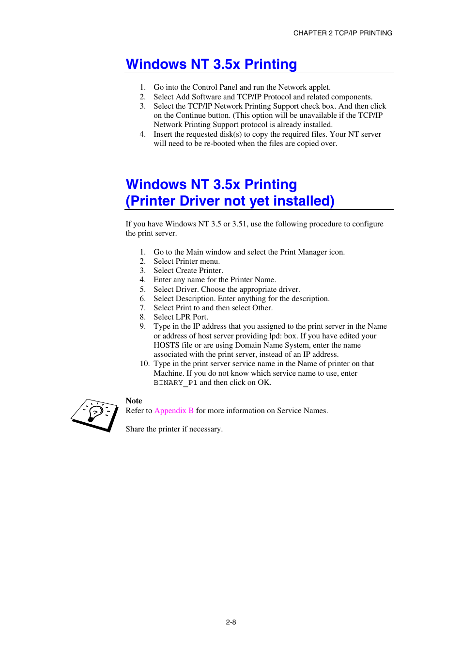 Windows nt 3.5x printing | Brother HL-1870N User Manual | Page 37 / 149