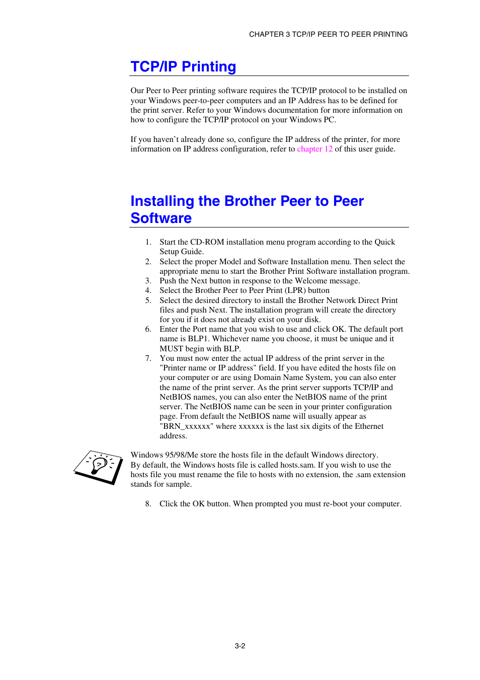 Tcp/ip printing, Installing the brother peer to peer software | Brother HL-1870N User Manual | Page 42 / 149