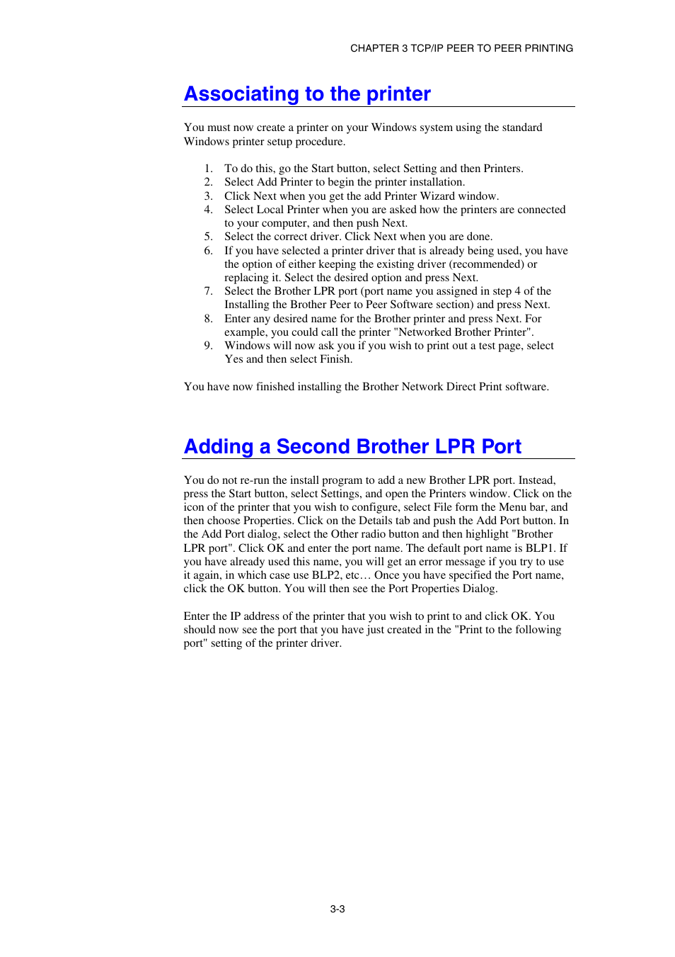 Associating to the printer, Adding a second brother lpr port | Brother HL-1870N User Manual | Page 43 / 149