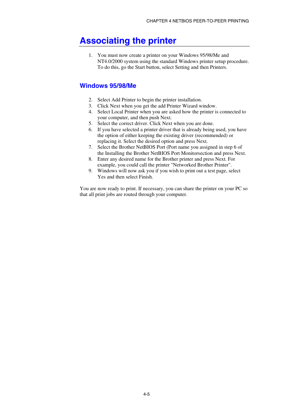 Associating the printer, Windows 95/98/me | Brother HL-1870N User Manual | Page 49 / 149