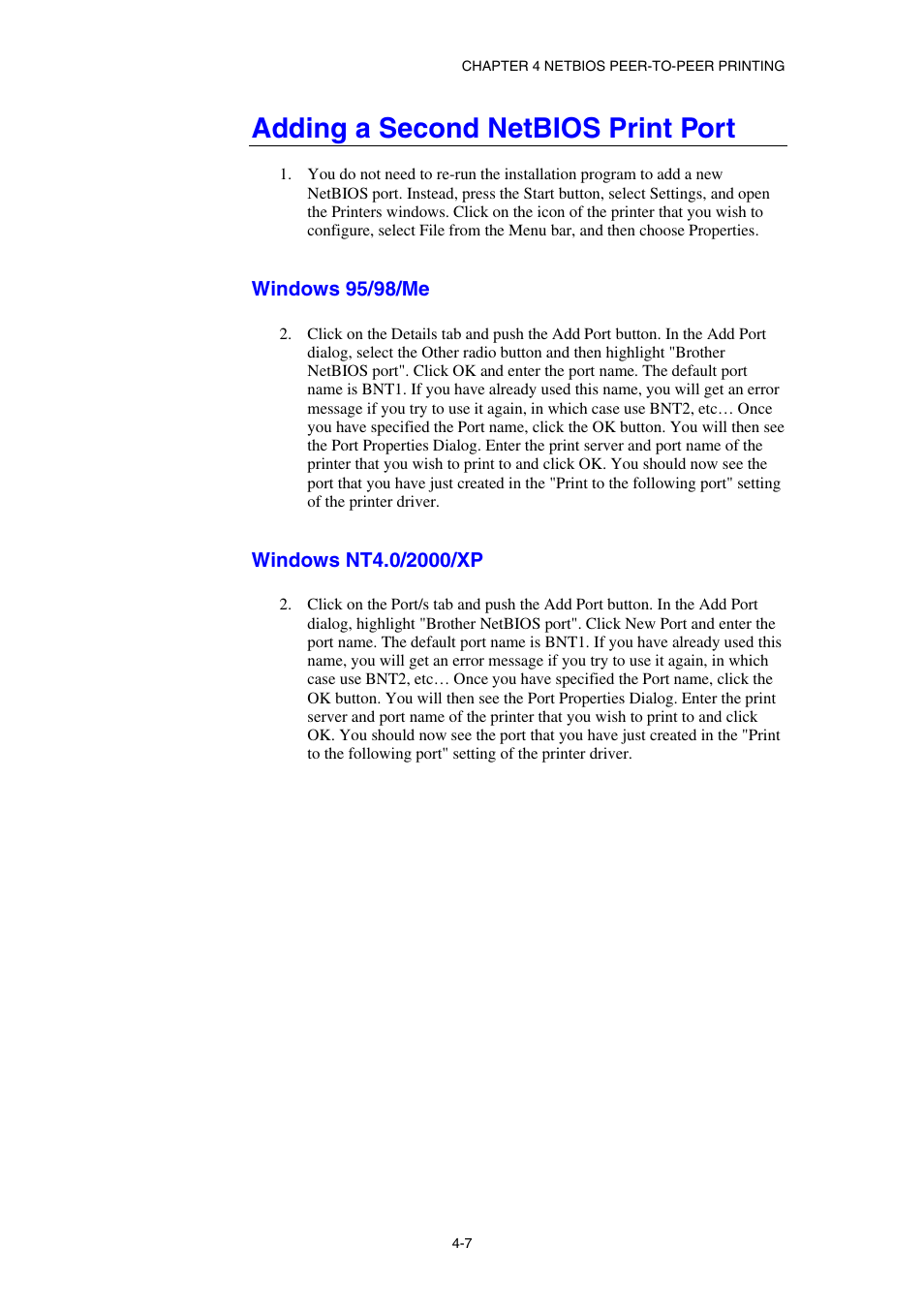 Adding a second netbios print port, Windows 95/98/me, Windows nt4.0/2000/xp | Brother HL-1870N User Manual | Page 51 / 149