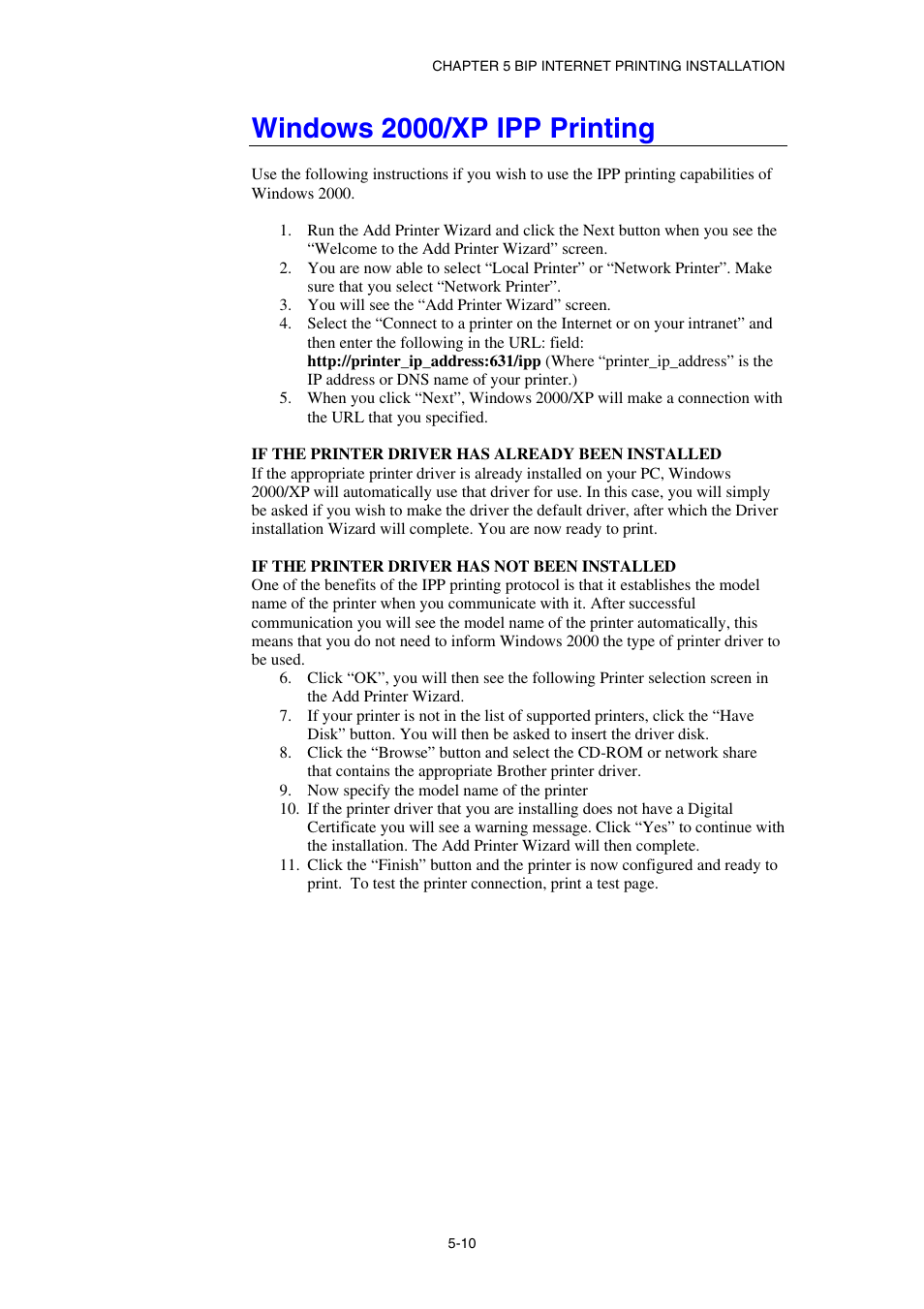 Windows 2000/xp ipp printing | Brother HL-1870N User Manual | Page 63 / 149