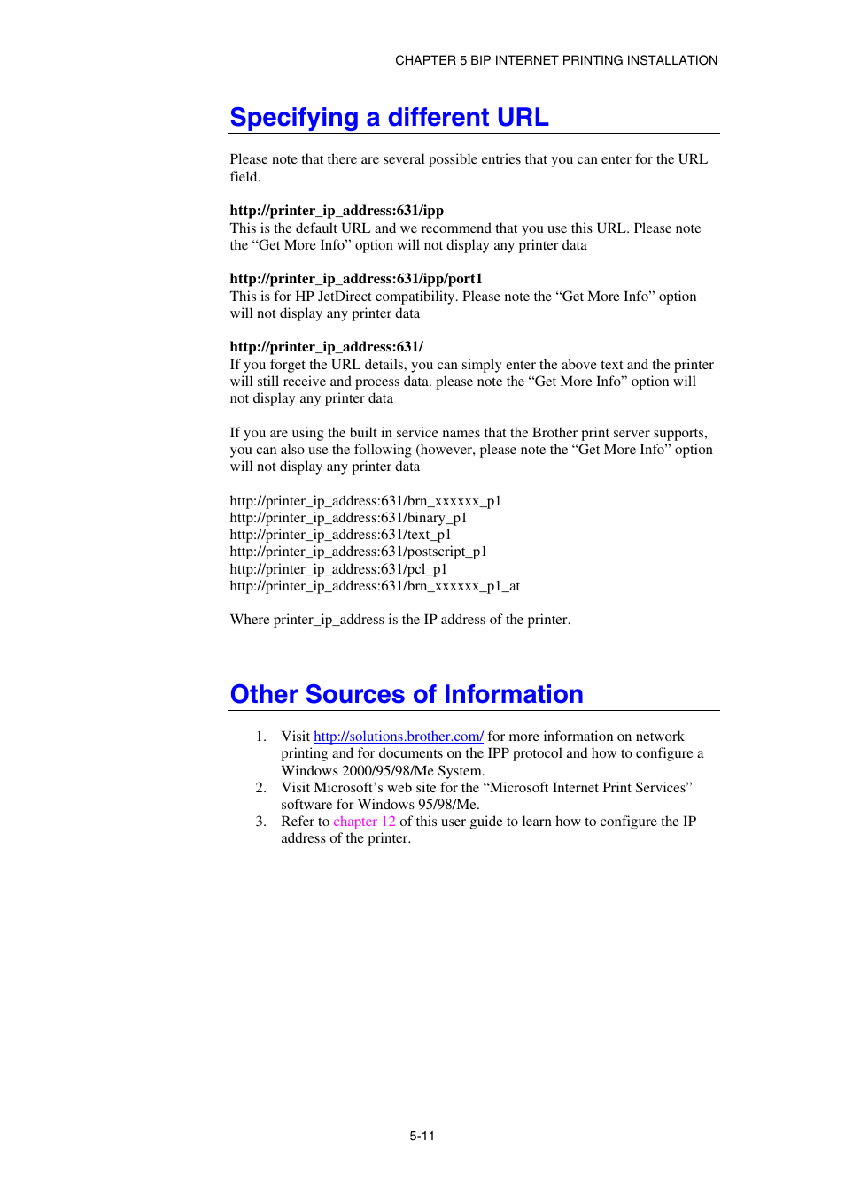 Specifying a different url, Other sources of information | Brother HL-1870N User Manual | Page 64 / 149