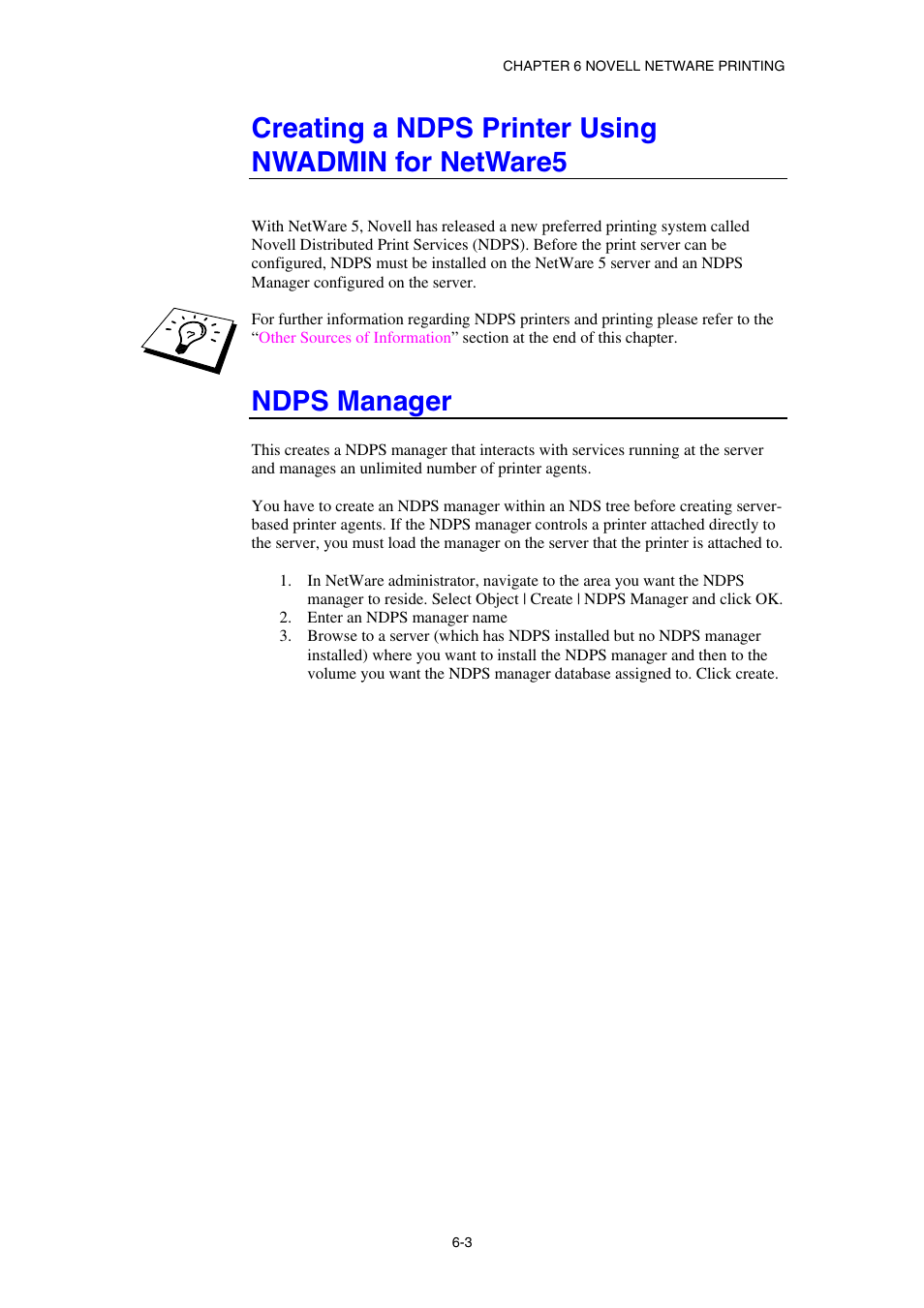 Creating a ndps printer using nwadmin for netware5, Ndps manager | Brother HL-1870N User Manual | Page 67 / 149