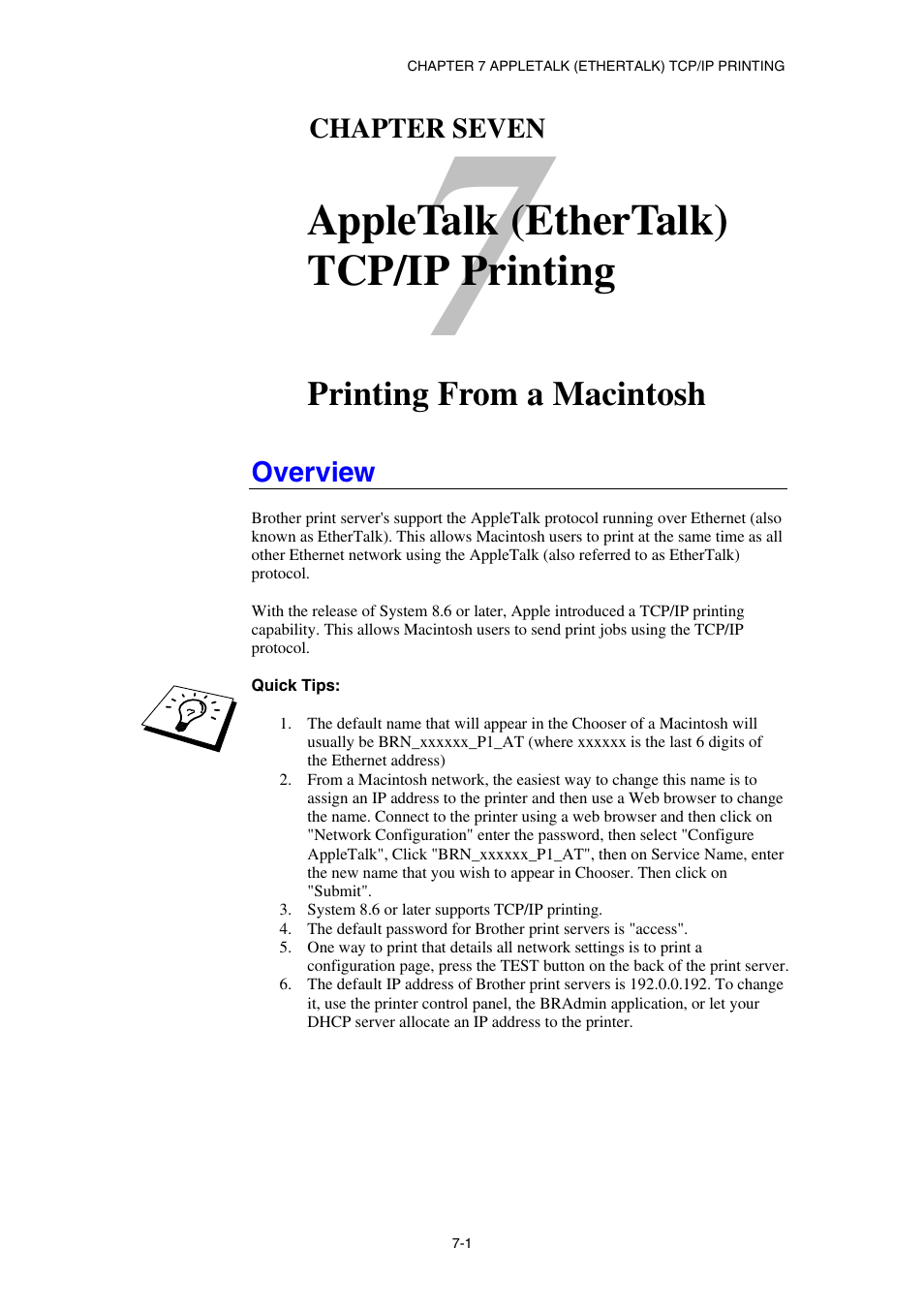Overview, Appletalk (ethertalk) tcp/ip printing | Brother HL-1870N User Manual | Page 83 / 149