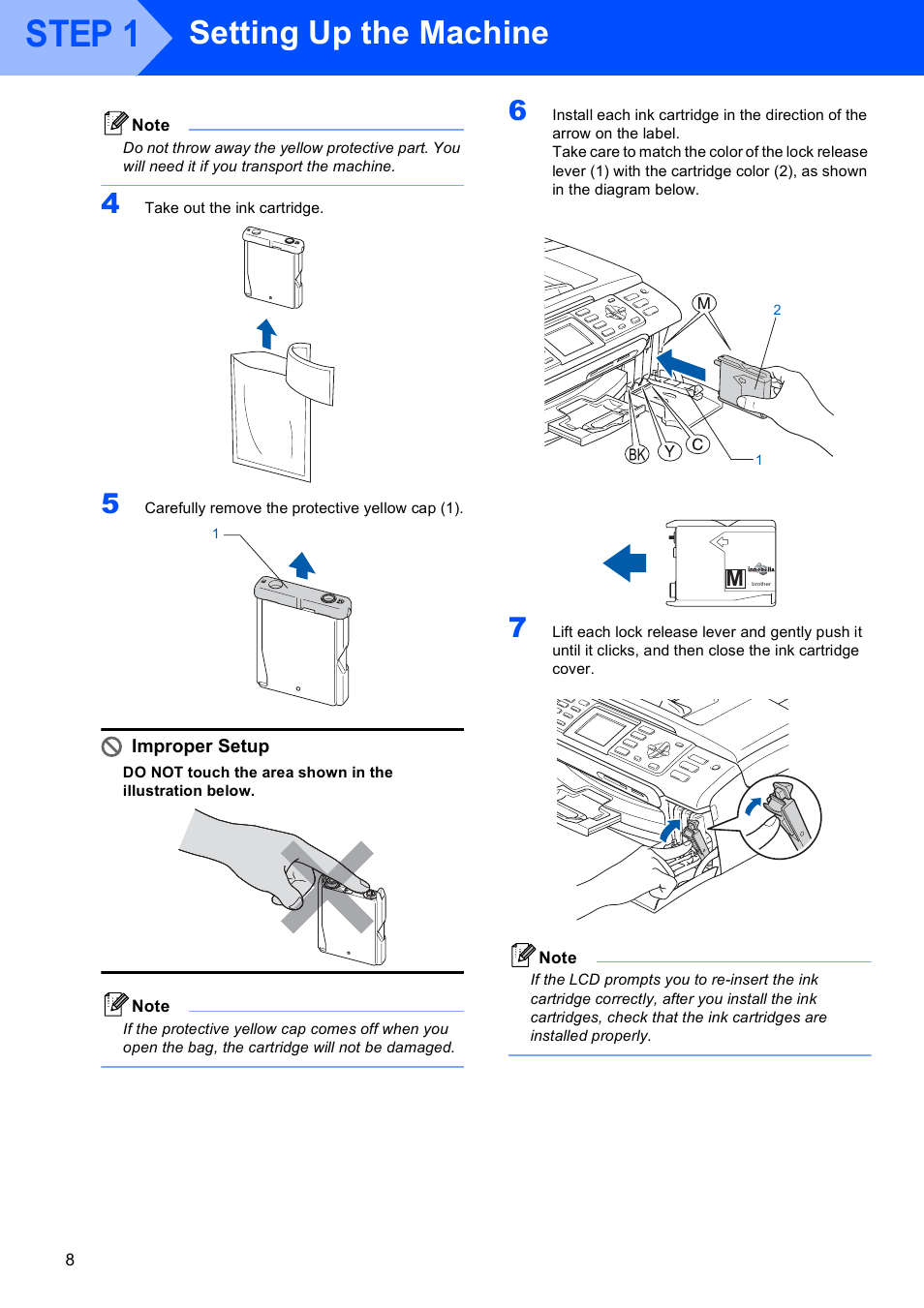 Step 1, Setting up the machine, Improper setup | Brother MFC-465CN User Manual | Page 10 / 39