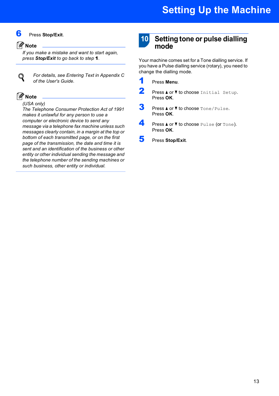 10 setting tone or pulse dialling mode, Setting tone or pulse dialling mode, Setting up the machine | Brother MFC-465CN User Manual | Page 15 / 39