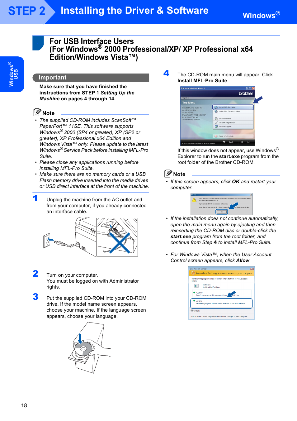 Windows, For usb interface users (for windows, For usb interface users | For windows, 2000 professional/xp, Xp professional x64 edition/windows vista™), Step 2, Installing the driver & software, Important | Brother MFC-465CN User Manual | Page 20 / 39