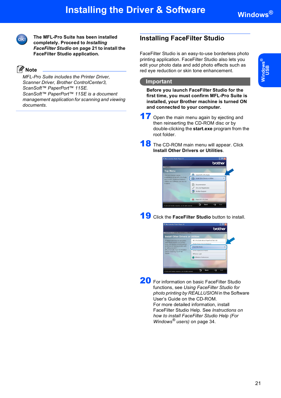 Installing facefilter studio, Installing the driver & software, Windows | Brother MFC-465CN User Manual | Page 23 / 39