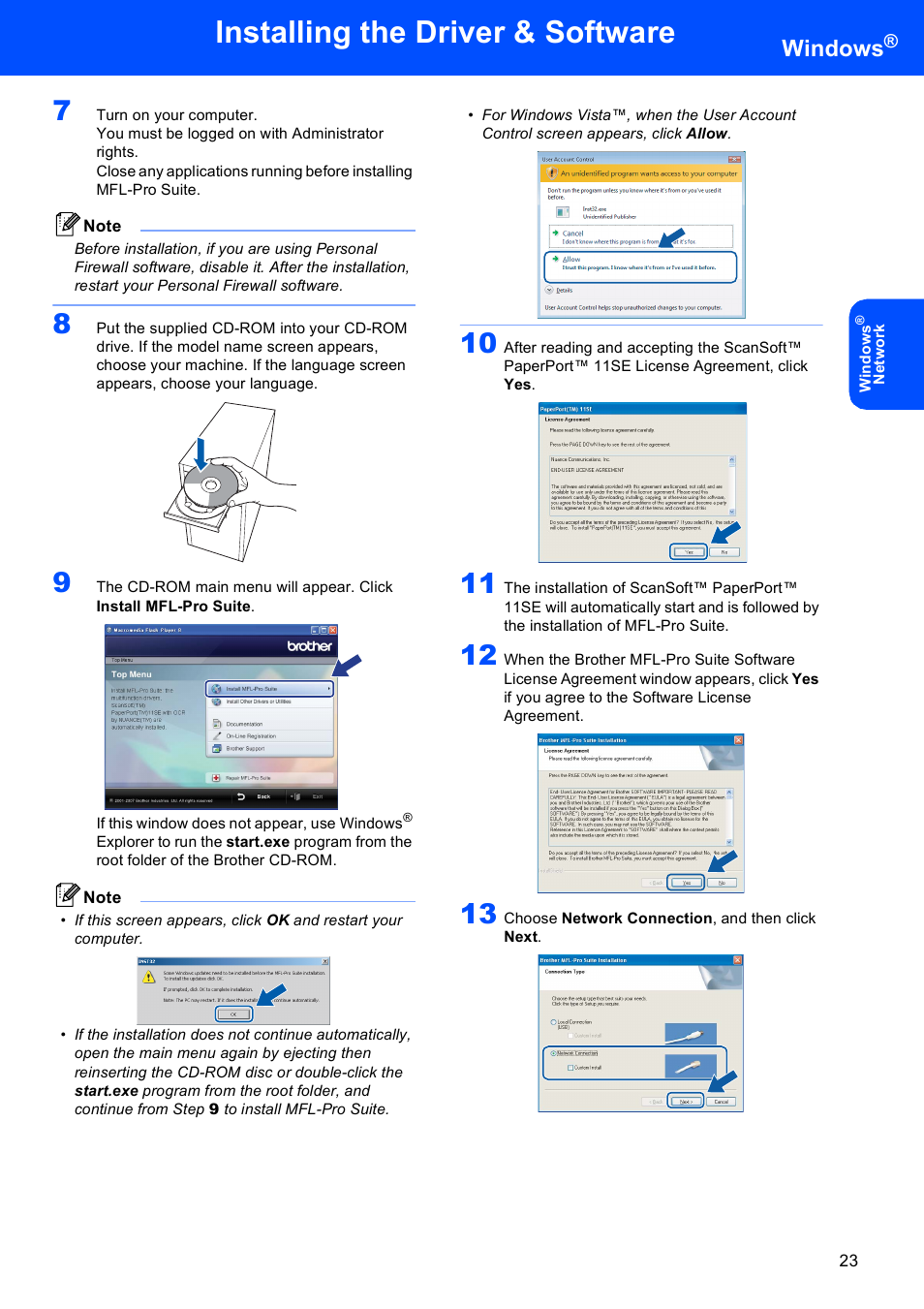 Installing the driver & software, Windows | Brother MFC-465CN User Manual | Page 25 / 39