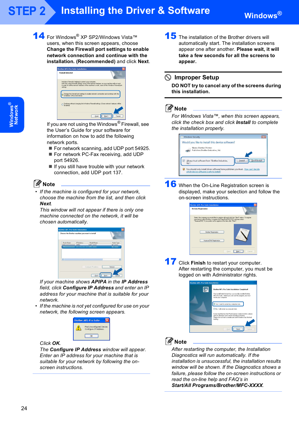 Step 2, Installing the driver & software, Windows | Improper setup | Brother MFC-465CN User Manual | Page 26 / 39