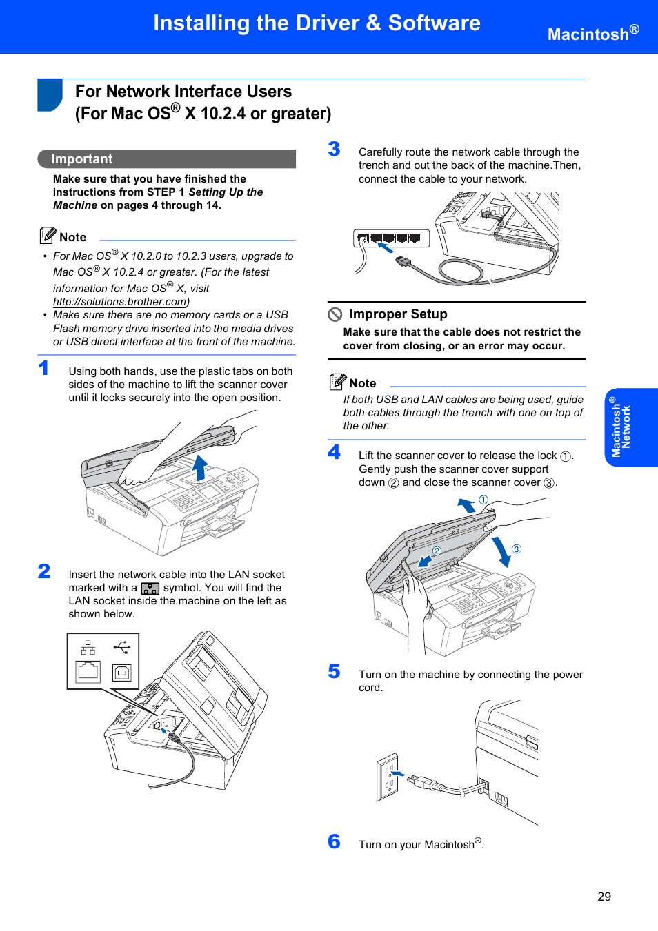 For network interface users (for mac os, X 10.2.4 or greater), For network interface users | For mac os, Installing the driver & software, Macintosh, Important, Improper setup | Brother MFC-465CN User Manual | Page 31 / 39