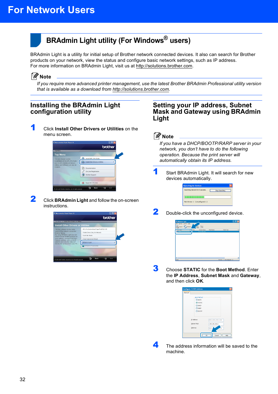 For network users, Bradmin light utility (for windows® users), Installing the bradmin light configuration utility | Bradmin light utility (for windows, Users) | Brother MFC-465CN User Manual | Page 34 / 39