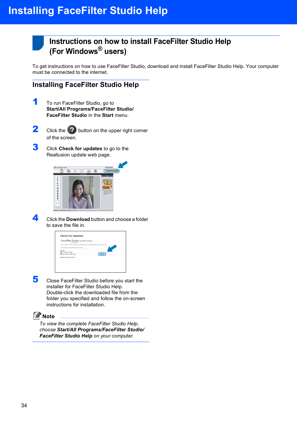 Installing facefilter studio help, Users) | Brother MFC-465CN User Manual | Page 36 / 39