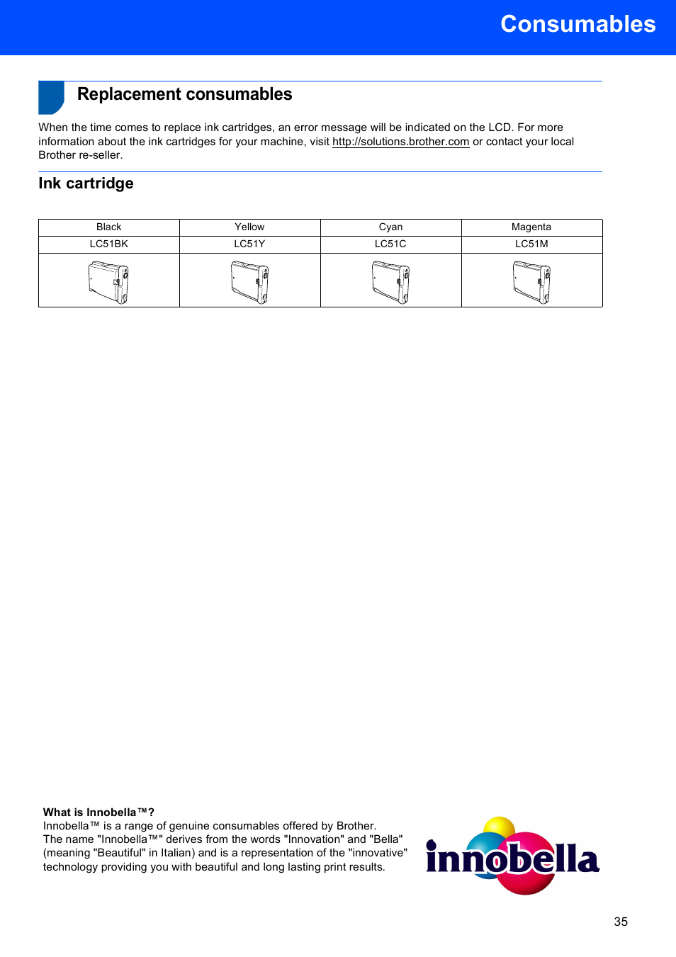 Consumables, Replacement consumables, Ink cartridge | Brother MFC-465CN User Manual | Page 37 / 39