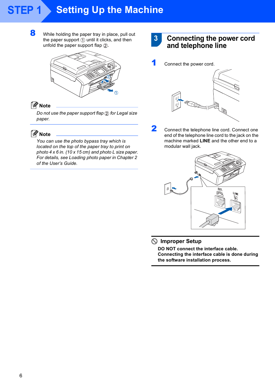 3 connecting the power cord and telephone line, Connecting the power cord and telephone line, Step 1 | Setting up the machine, 3connecting the power cord and telephone line | Brother MFC-465CN User Manual | Page 8 / 39