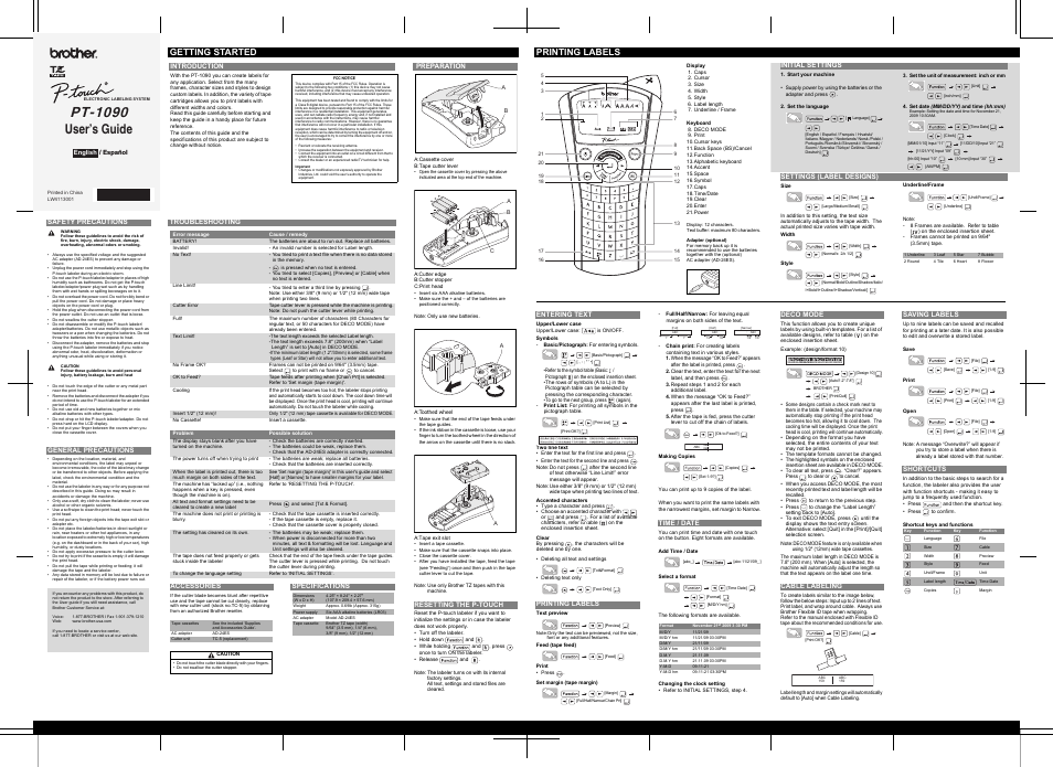Brother PT-1090 User Manual | 2 pages