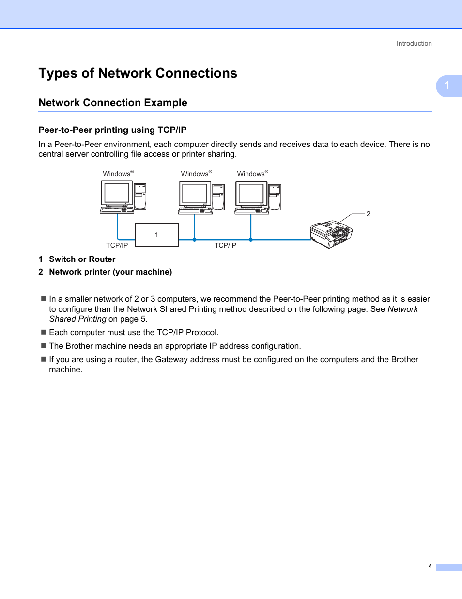 Types of network connections, Network connection example, Peer-to-peer printing using tcp/ip | Brother MFC-465CN User Manual | Page 11 / 58