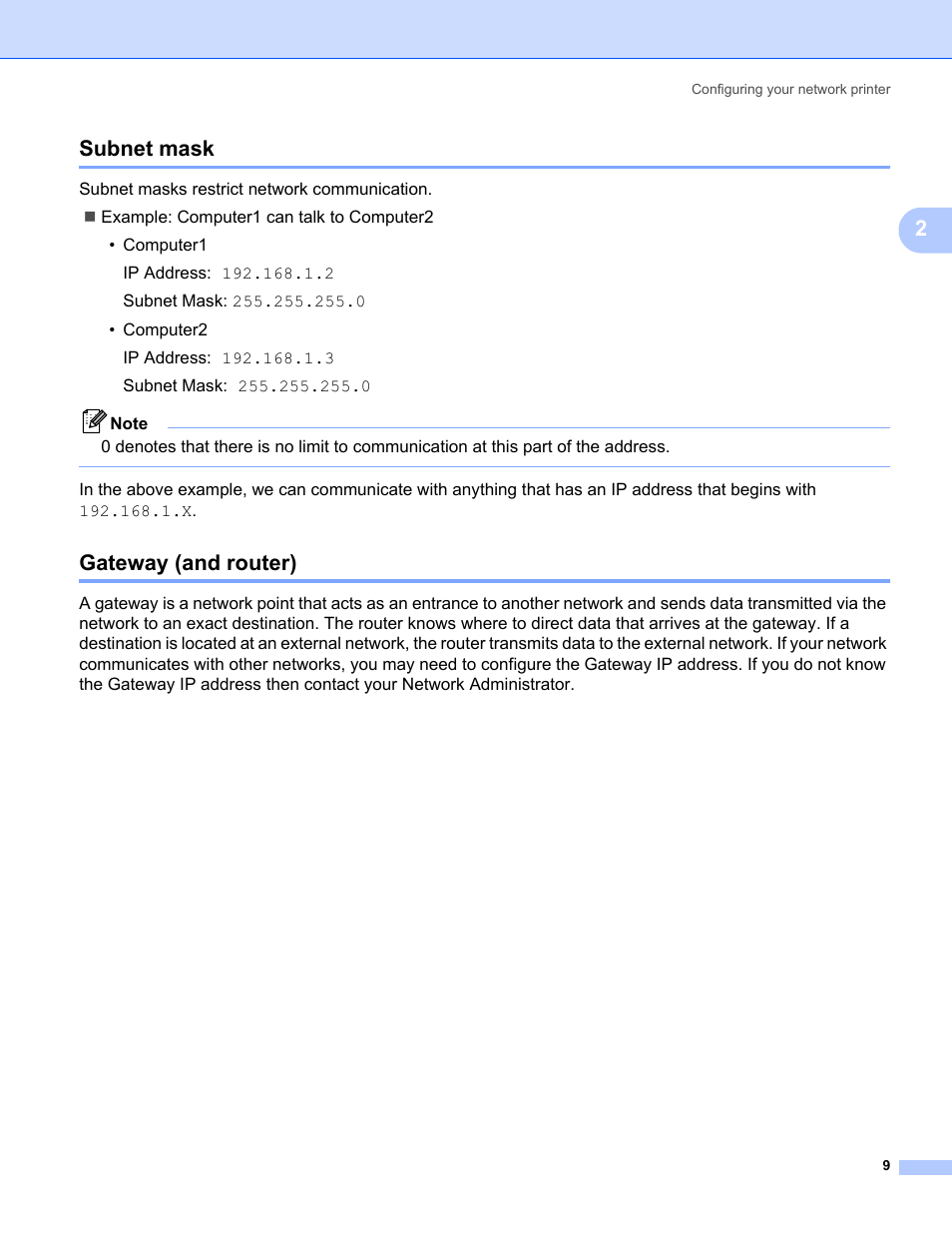 Subnet mask, Gateway (and router), Subnet mask gateway (and router) | 2subnet mask | Brother MFC-465CN User Manual | Page 16 / 58