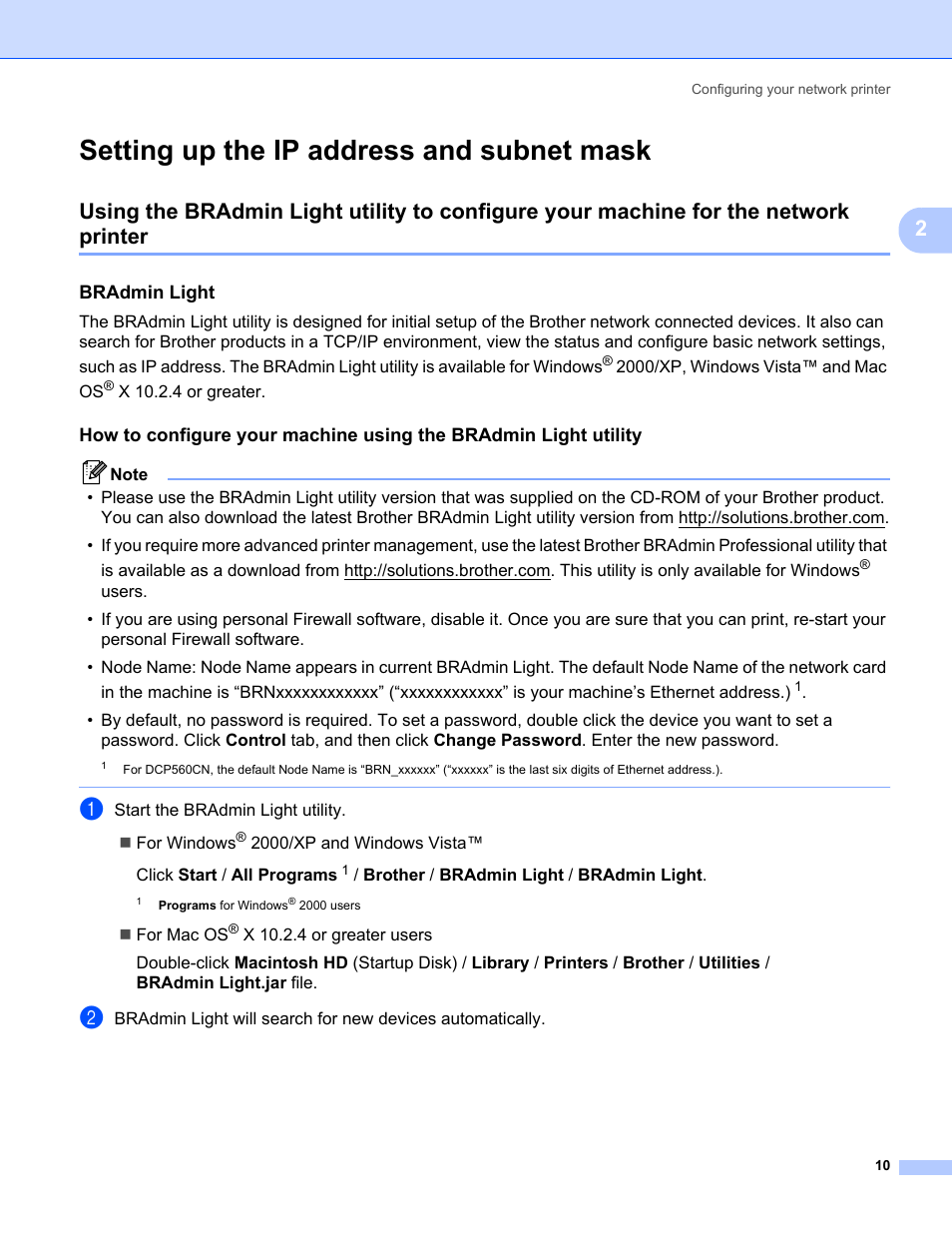 Setting up the ip address and subnet mask, Bradmin light | Brother MFC-465CN User Manual | Page 17 / 58