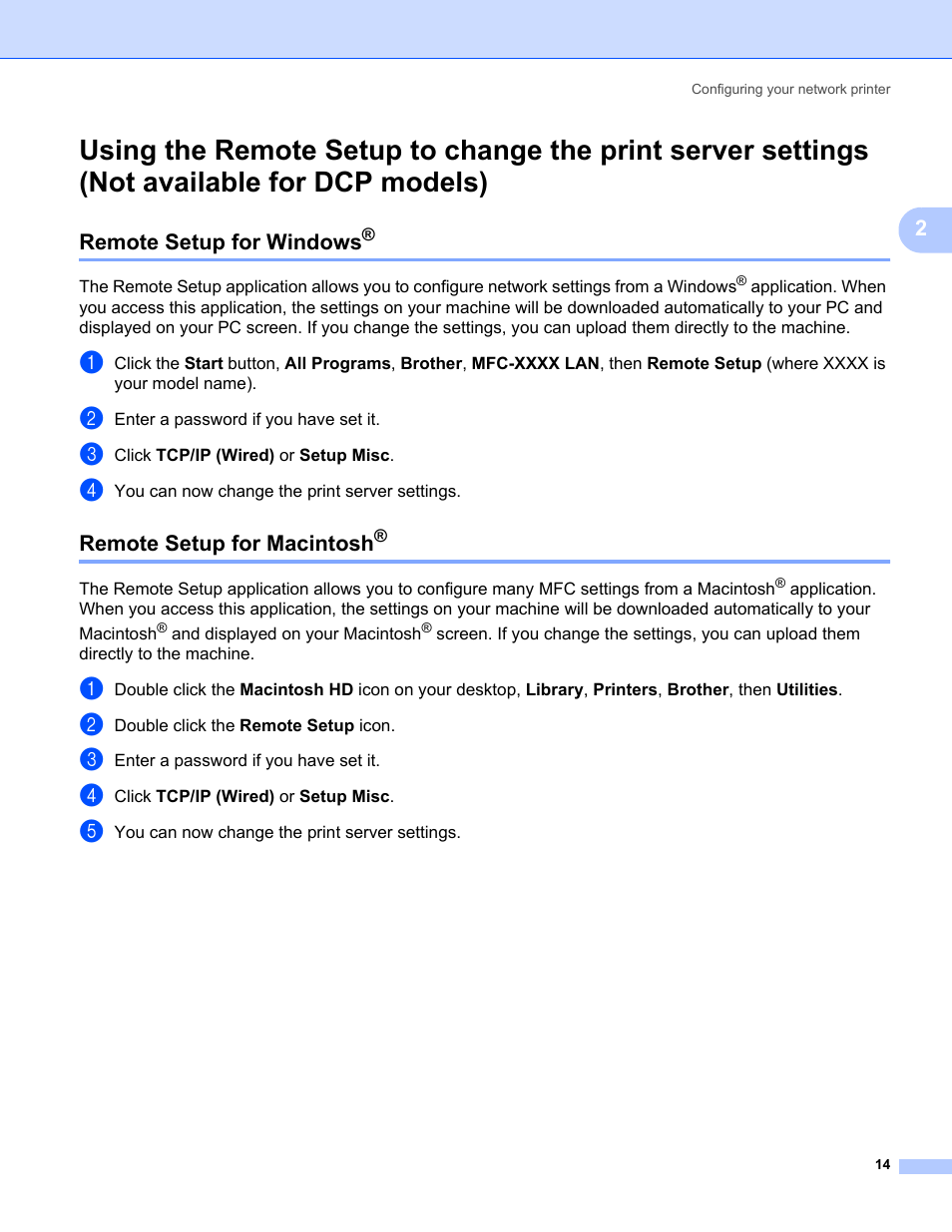 Remote setup for windows, Remote setup for macintosh, Not available for dcp models) | Brother MFC-465CN User Manual | Page 21 / 58