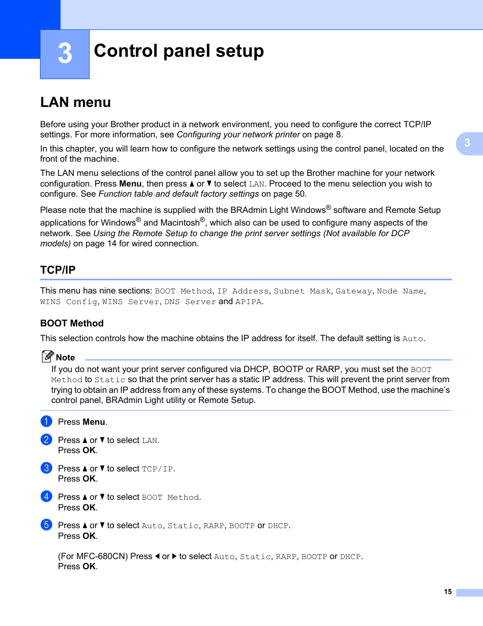 3 control panel setup, Lan menu, Tcp/ip | Boot method, Control panel setup | Brother MFC-465CN User Manual | Page 22 / 58